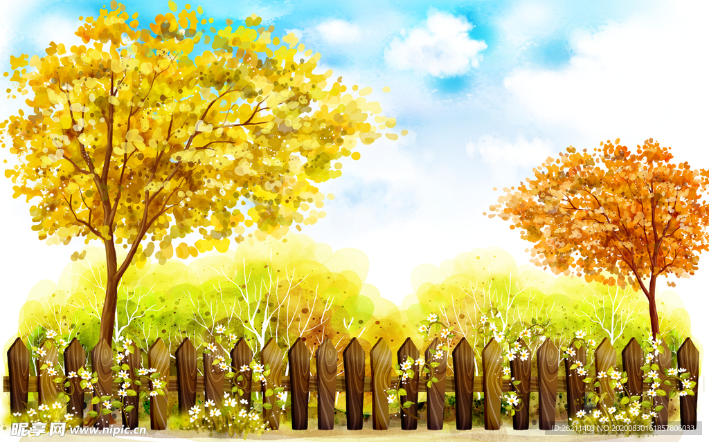 油画金黄色枫树枫叶