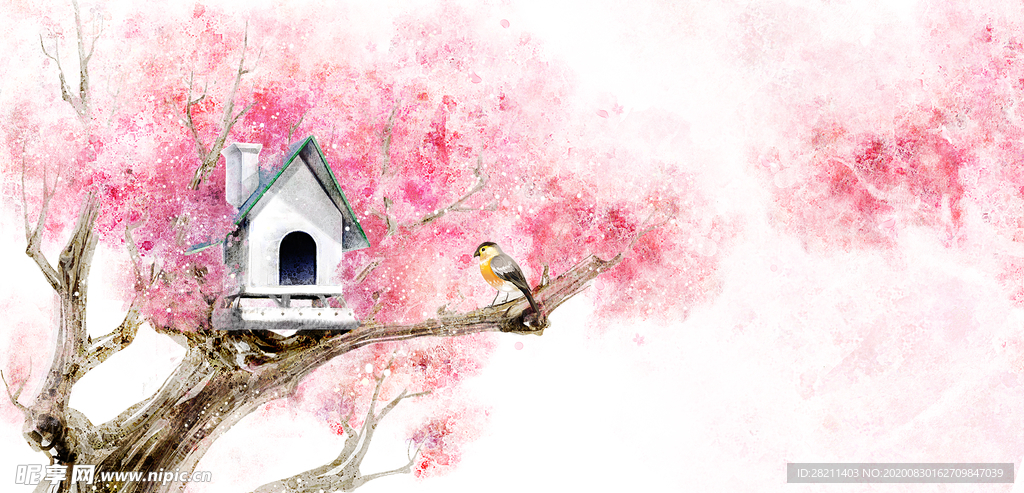油画小鸟鸟窝树上的房子