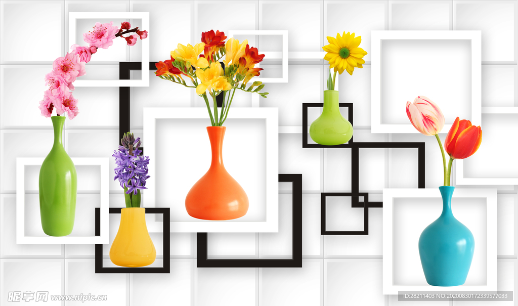 彩色花瓶菊花郁金香梅花紫罗兰