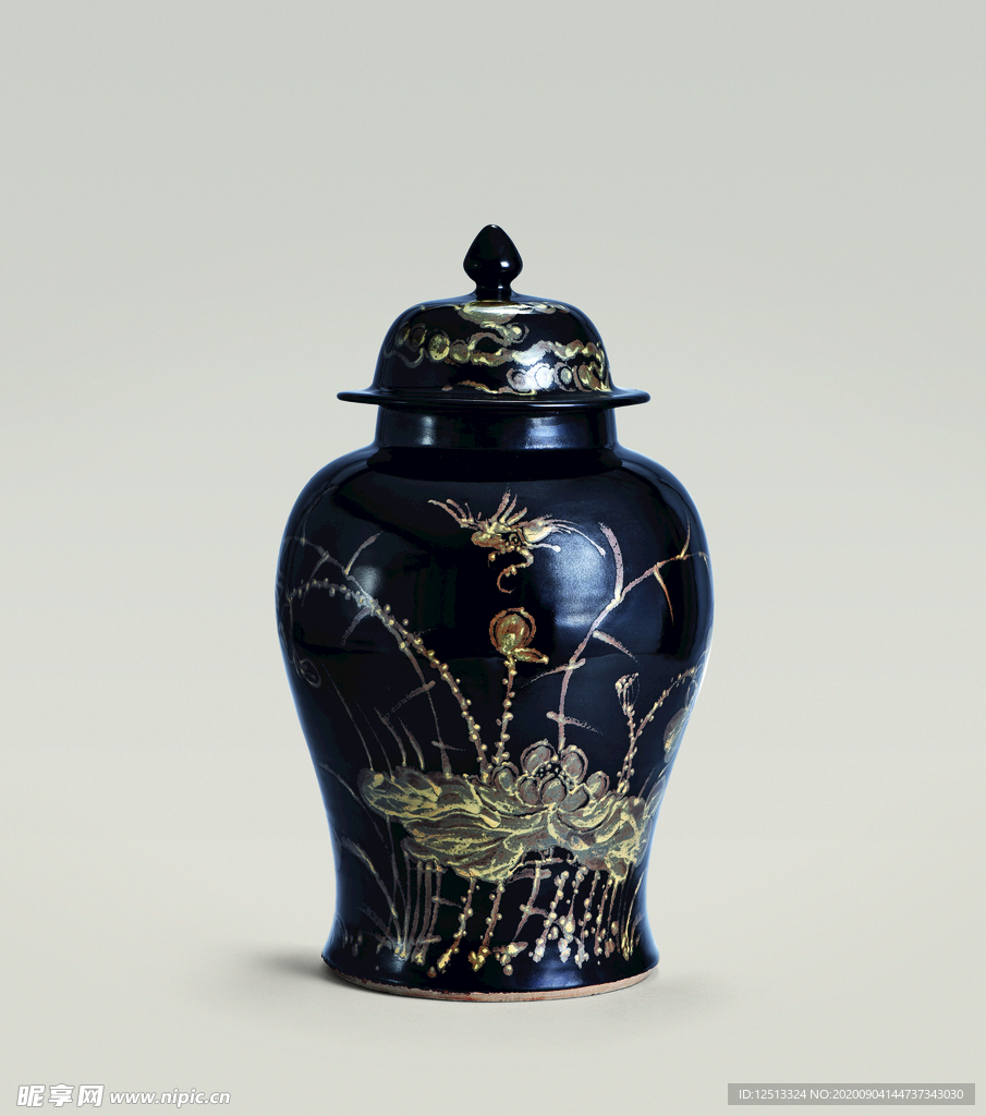 乌金釉绣花将军罐