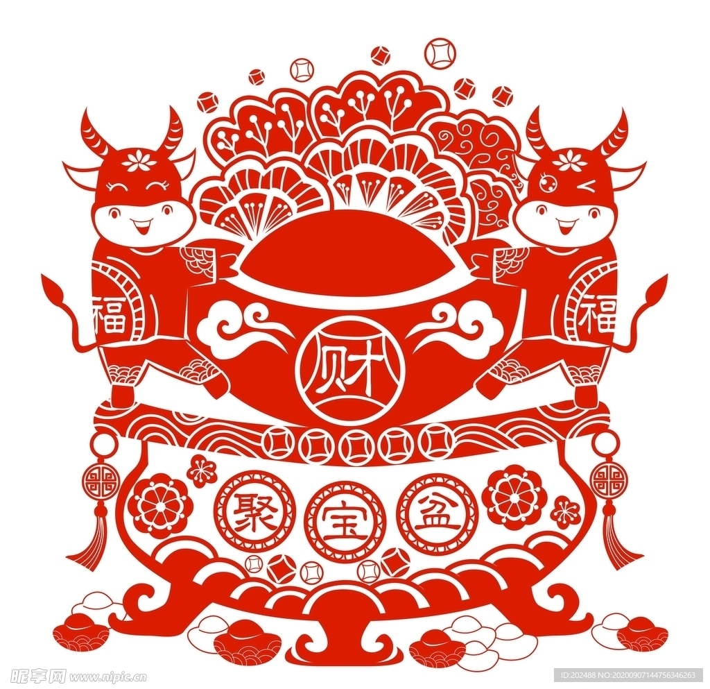 牛年聚宝盆财宝剪纸