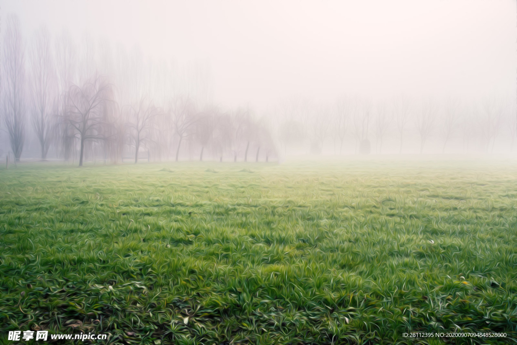 油画草地树林背景素材
