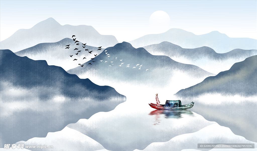 水墨山水 小船 背景墙