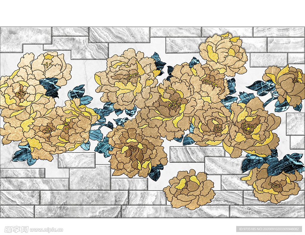 金箔牡丹花墙砖背景墙壁画