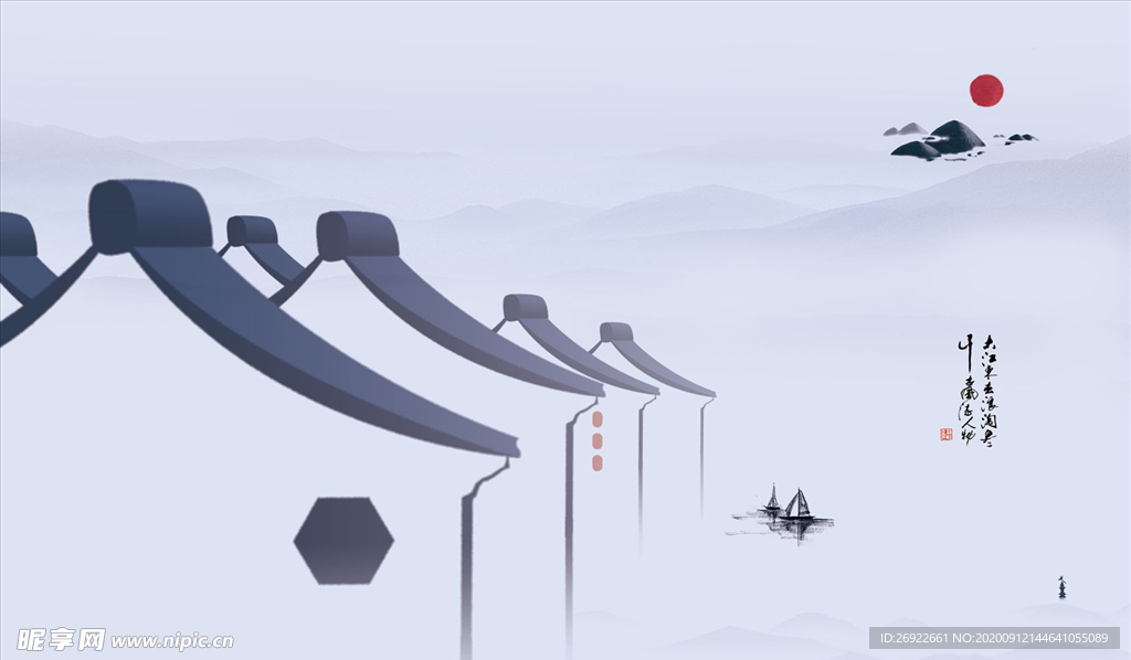 水墨画微派建筑江南水乡