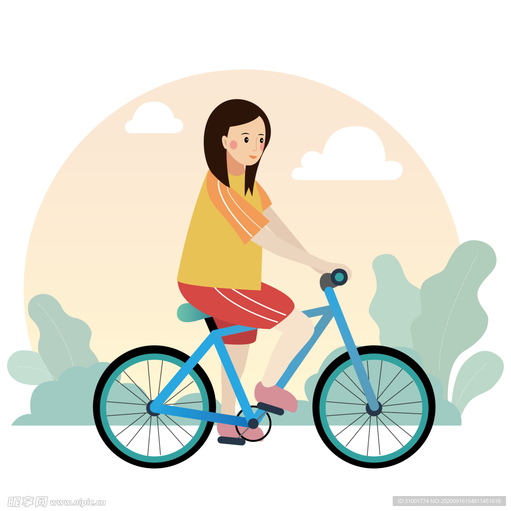 女孩骑单车插画