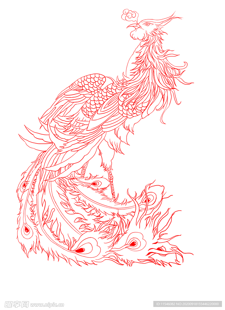 分层凤凰古典纹样线稿图