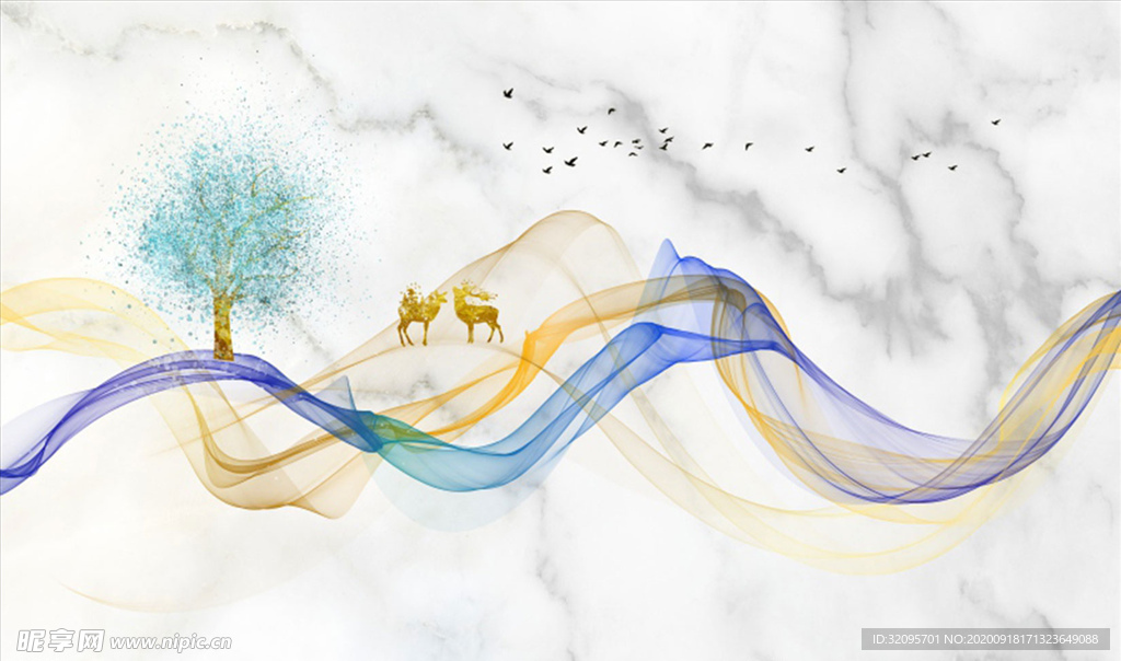 水彩画 飘带 鹿 树 背景墙