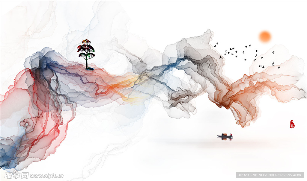 水墨山水 树 飘带 背景墙