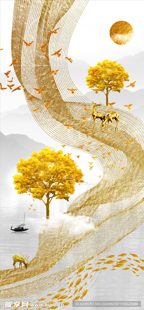 山水画 树 鹿 小船 装饰画