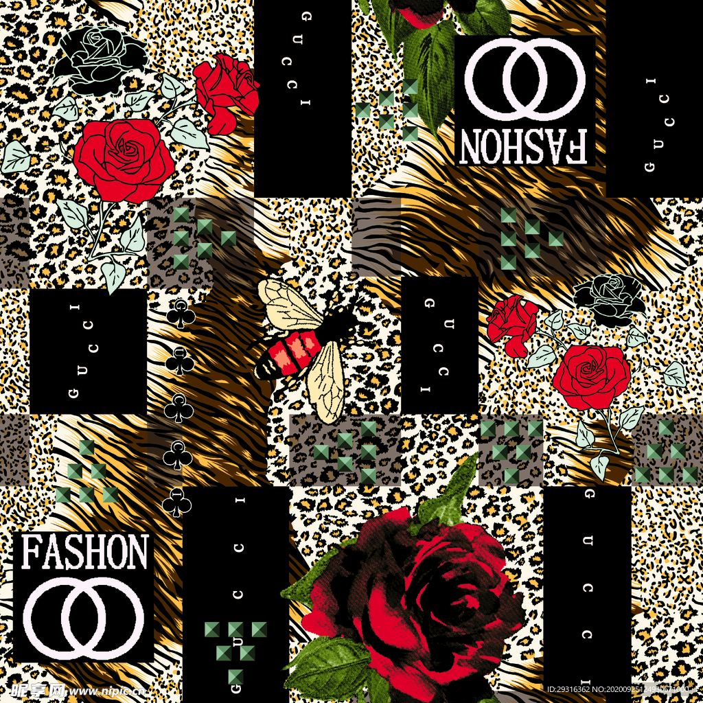 大牌 链条 豹纹 玫瑰花印花