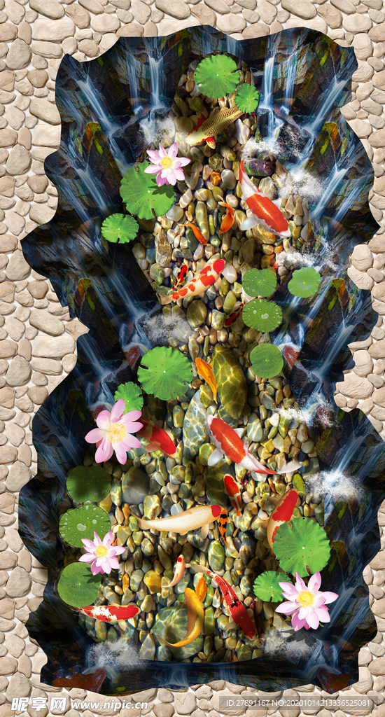 荷花鲤鱼瀑布3D地砖