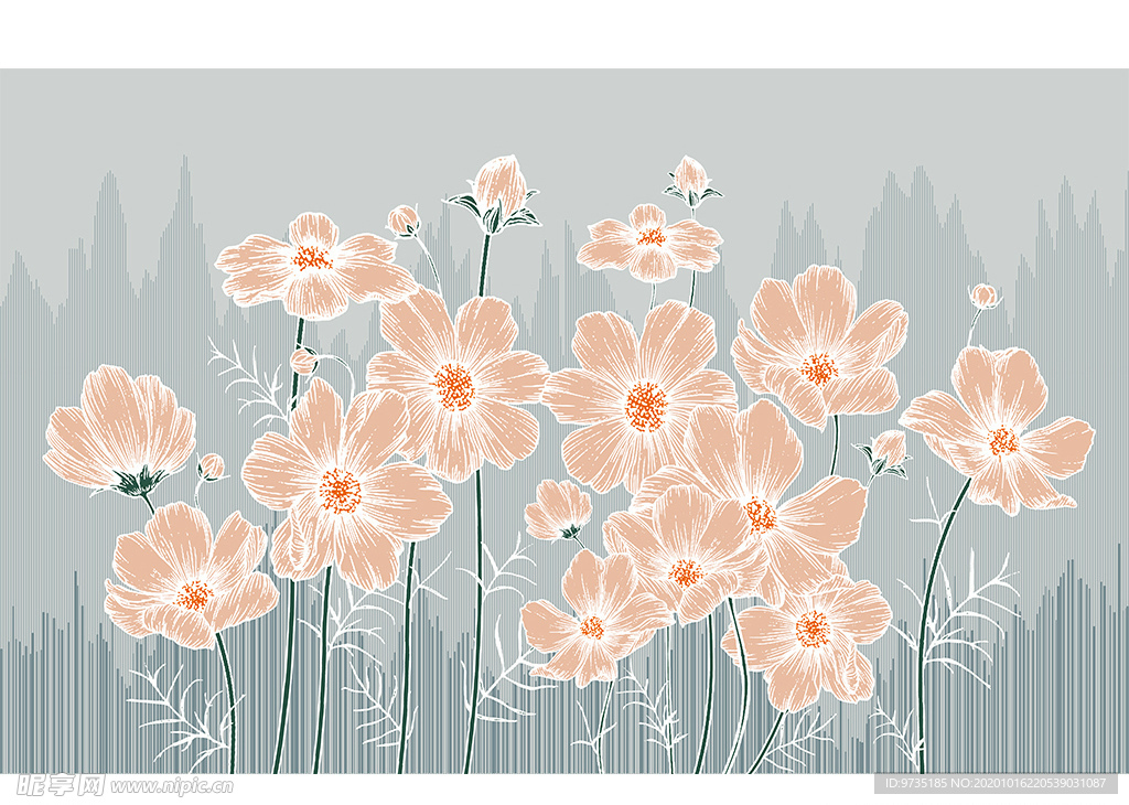 现代小清新手绘时尚花朵壁画背景