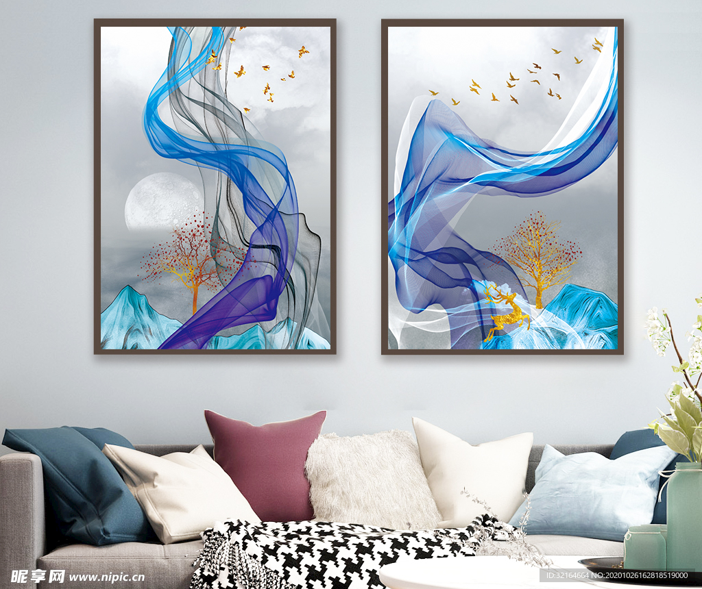 现代抽象绸带金色麋鹿装饰画