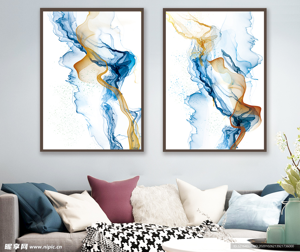 蓝色水墨抽象轻奢装饰画