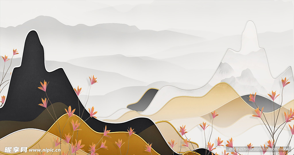 新中式山水鎏金仙鹤背景