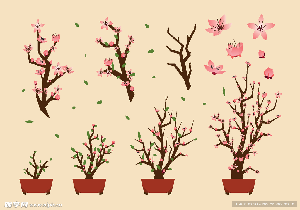 卡通桃花盆栽矢量图