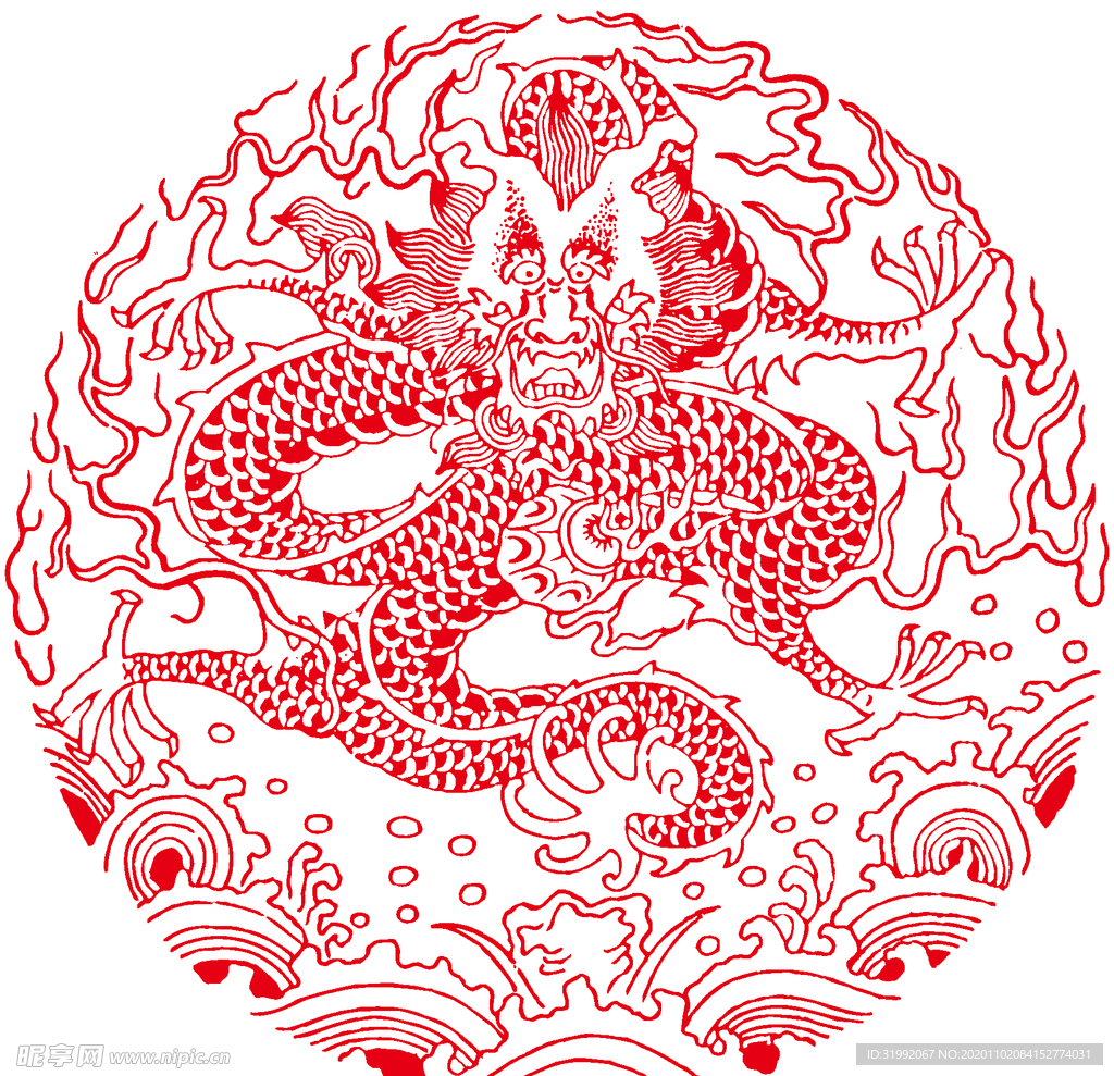 龙中式圆形剪纸图