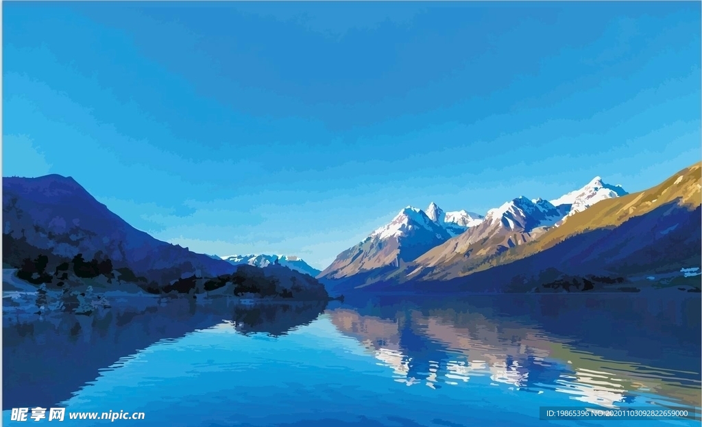 蓝色天空雪山湖泊矢量版油画