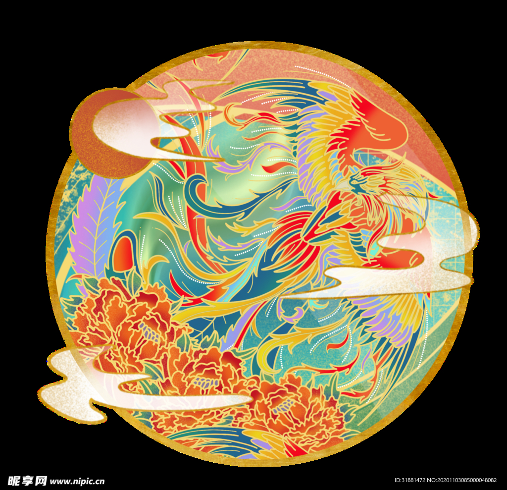 国潮风凤凰牡丹手绘插画