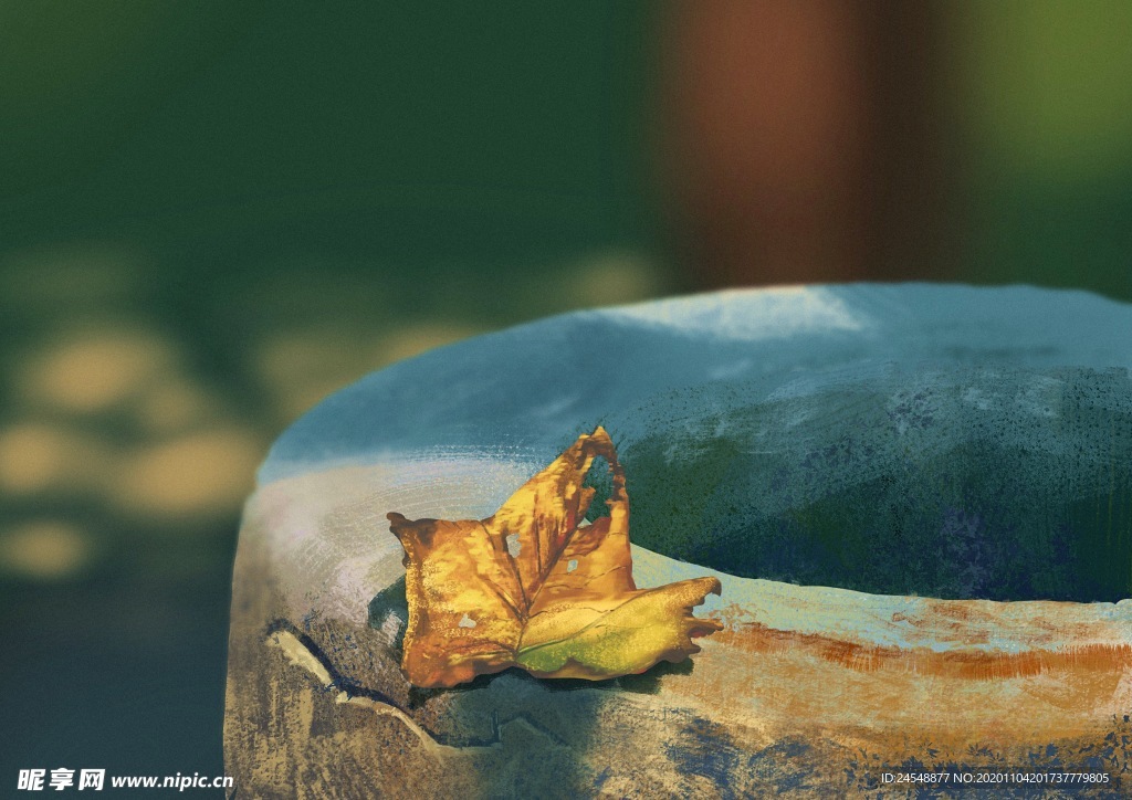 古井落叶秋天插画