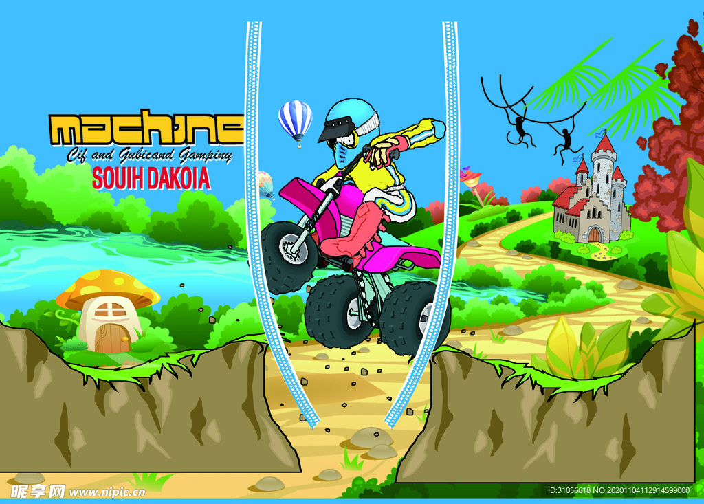 卡通赛车手草地树木背景