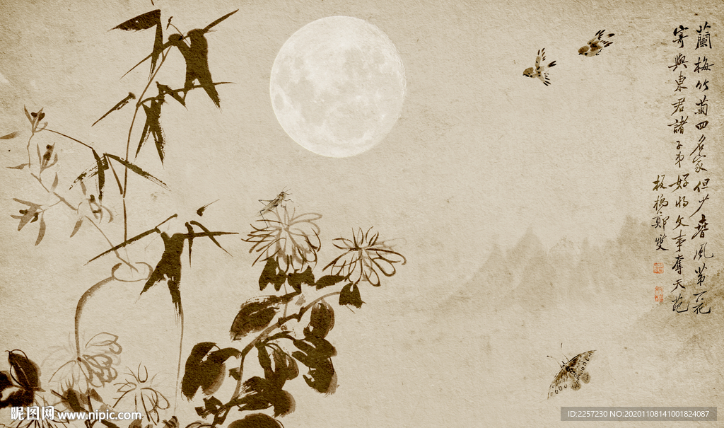 水墨菊花竹子电视背景墙