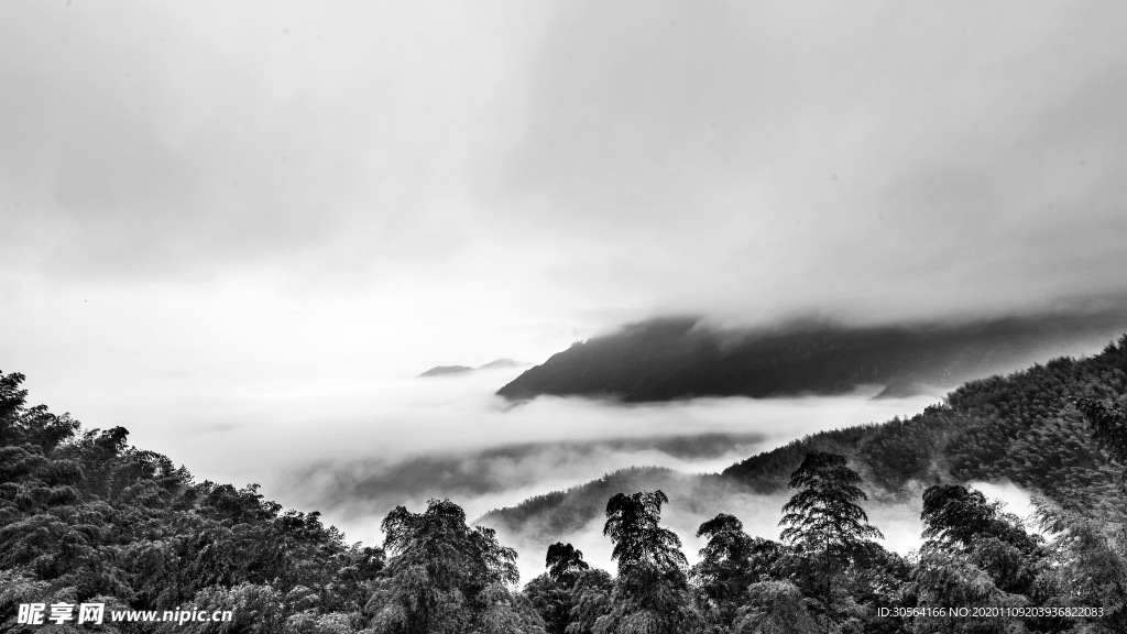 山峰云雾黑白简约背景海报素材