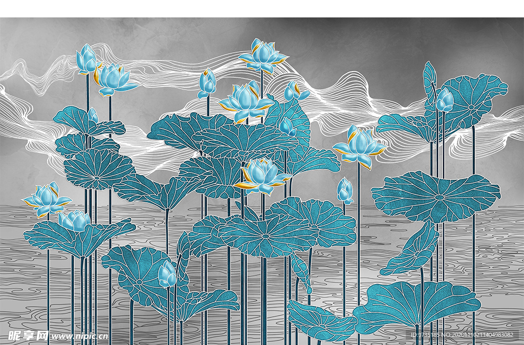 轻奢艺术线描荷花壁画背景