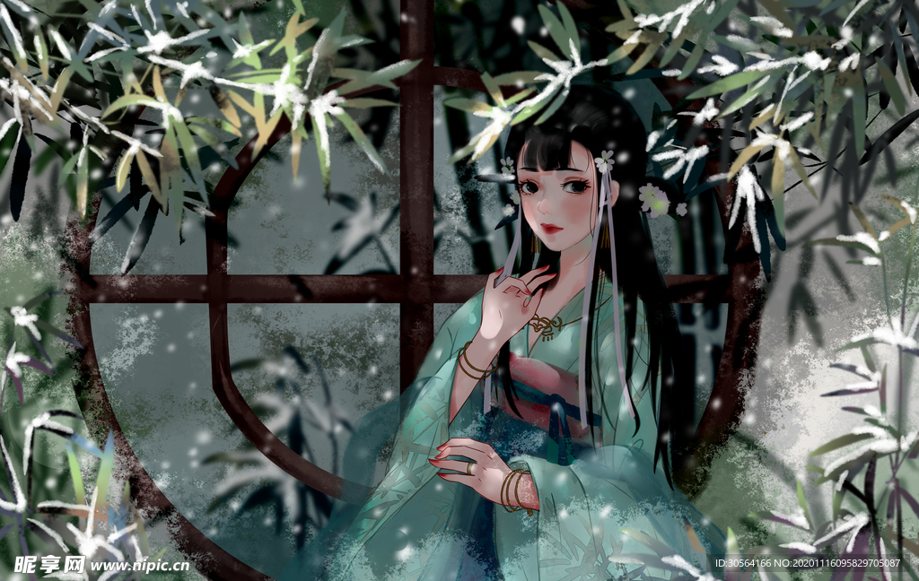 冬季女孩插画卡通背景海报素材