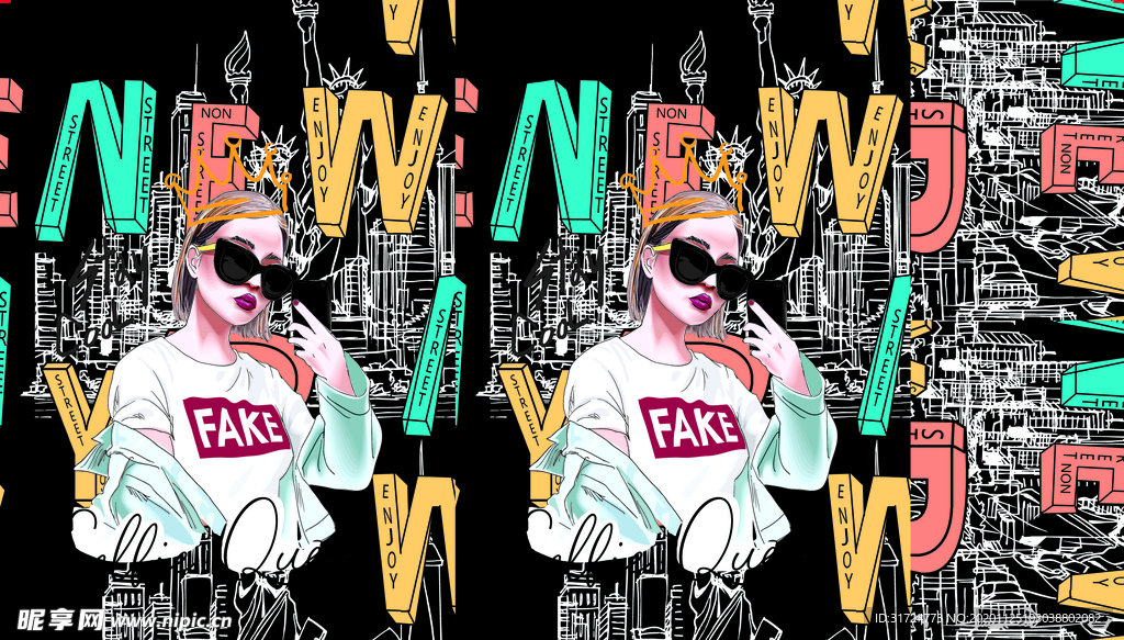 美女 数码印 链条 几何 抽象