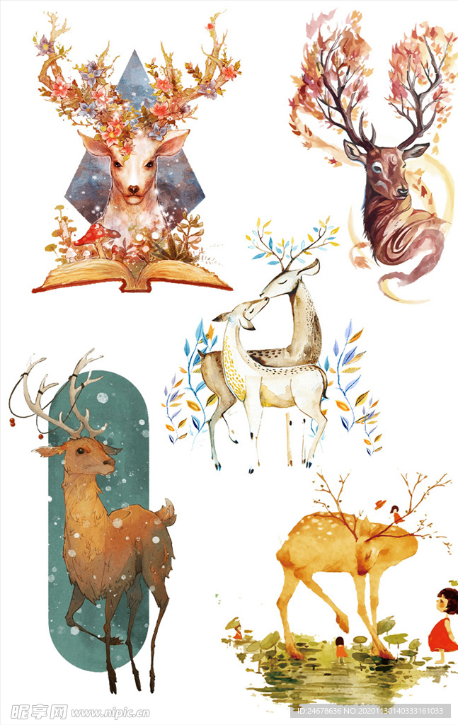 卡通水彩麋鹿元素素材
