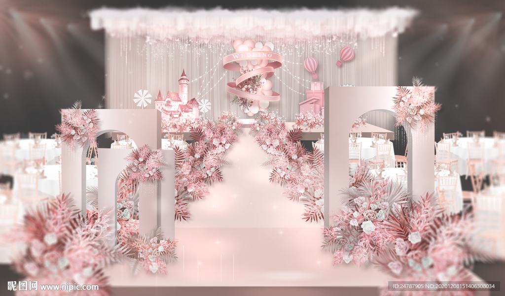 粉色拱门造型婚礼效果图