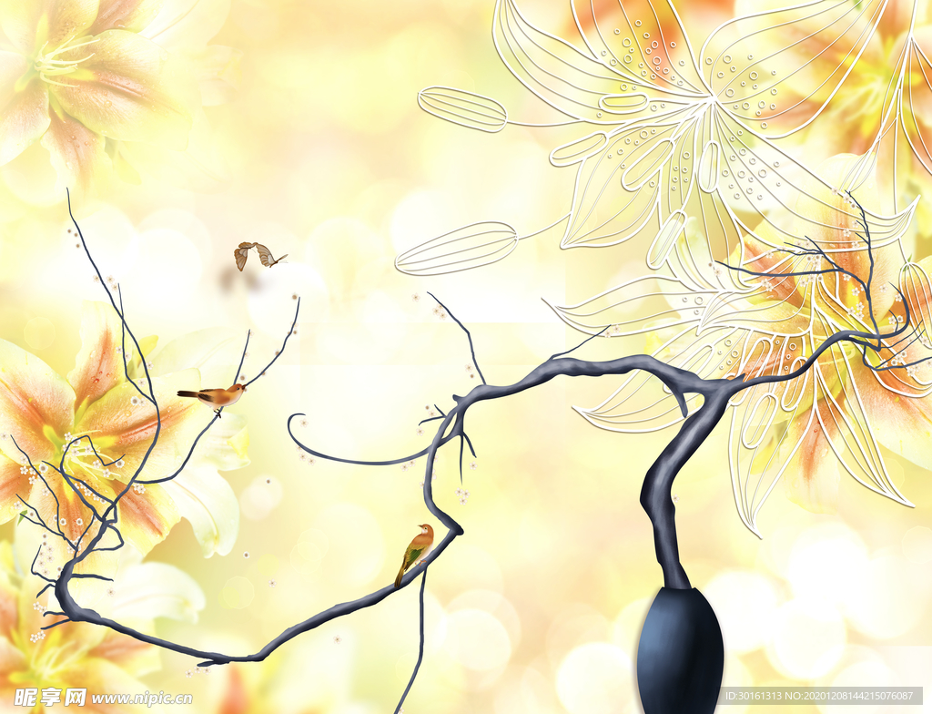 百合花电视背景墙