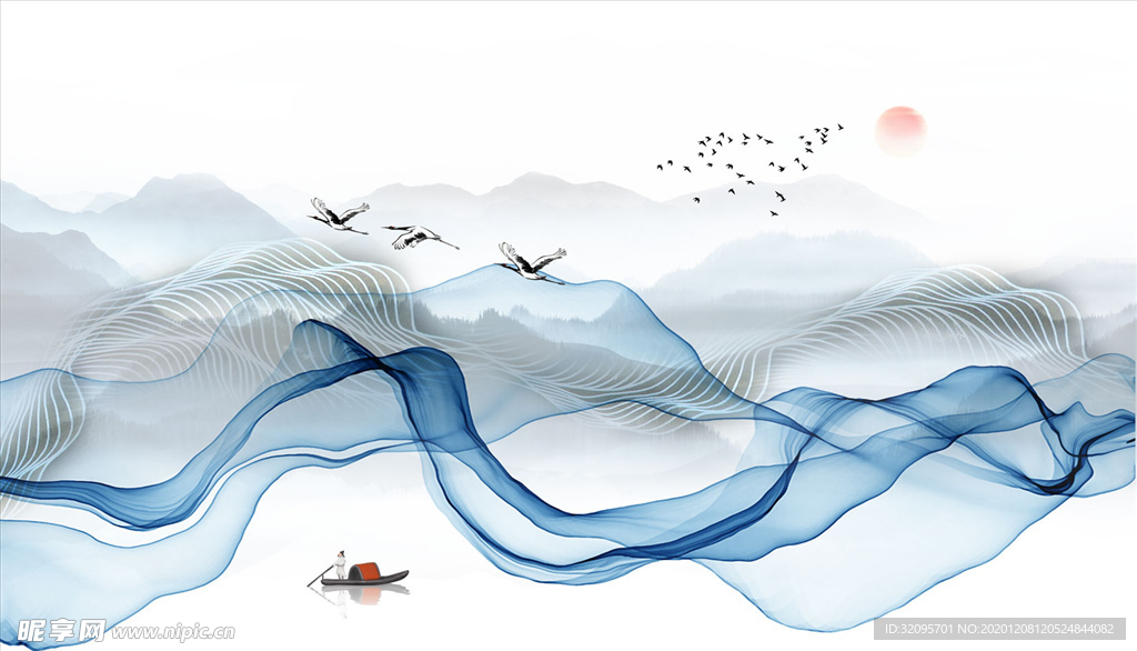 水墨山水 小船 飘带 背景墙