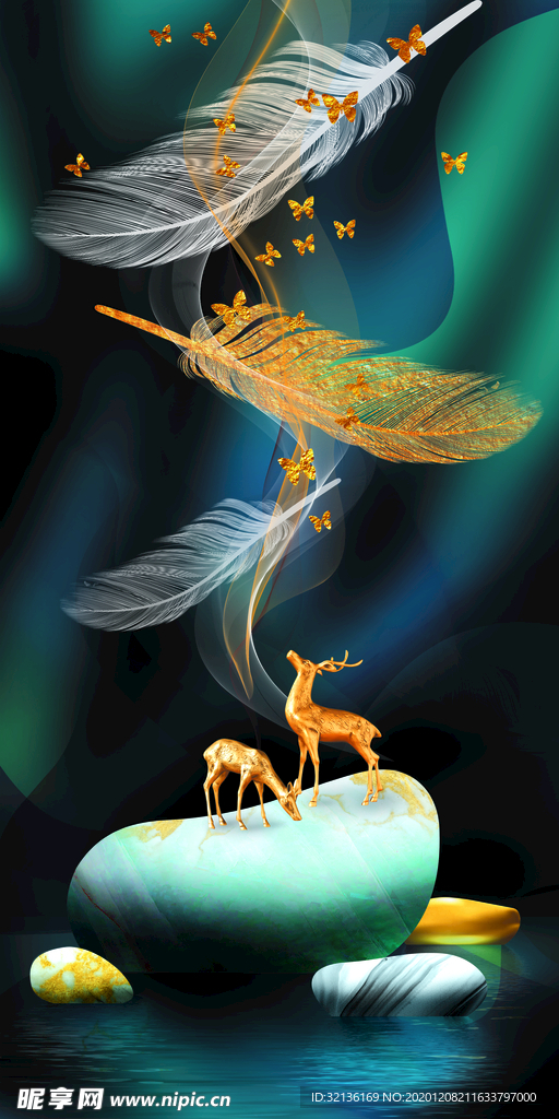 新中式羽毛麋鹿玄关装饰画