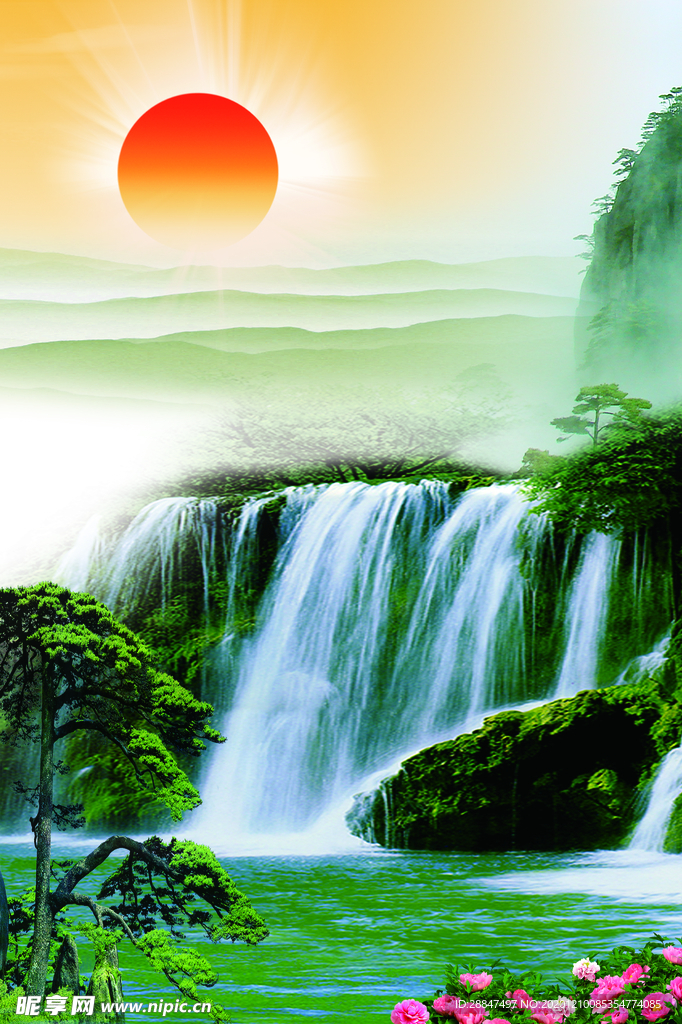 瀑布松树山水画