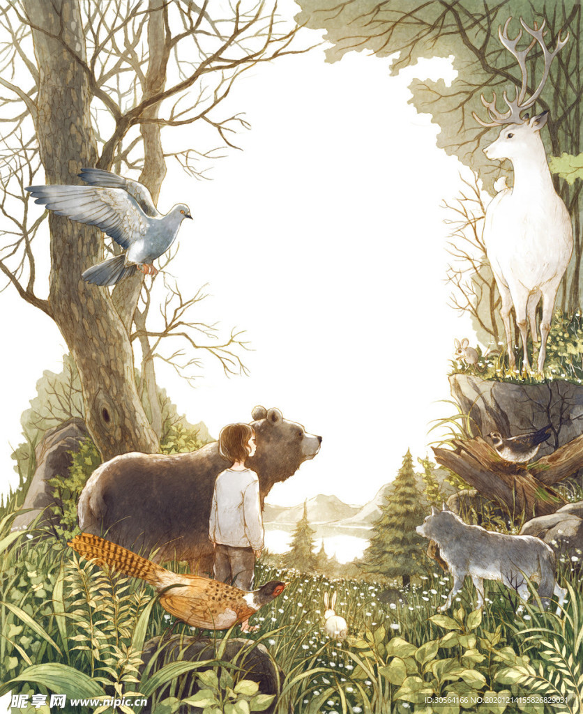 女孩森林卡通插画场景背景素材