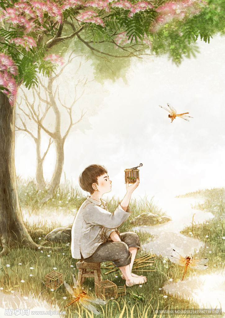 男孩森林卡通插画场景背景素材