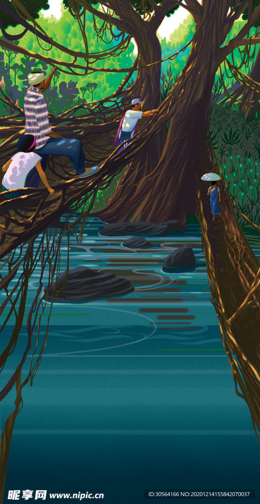 森林河流卡通插画场景背景素材