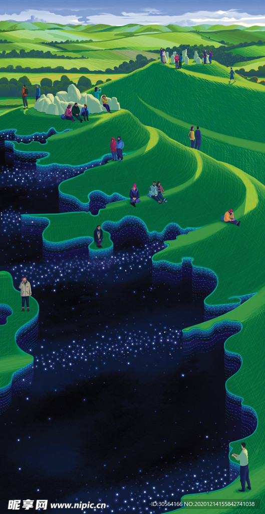梯田河流人物游戏场景背景素材