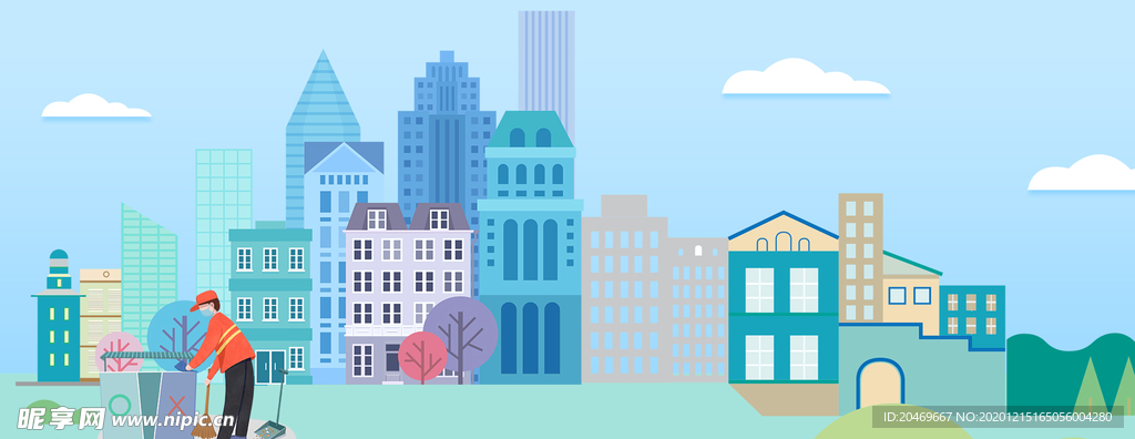 卡通扁平风文明城市和谐社区海报