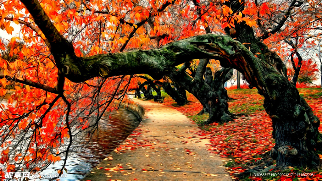 秋天红叶风景油画