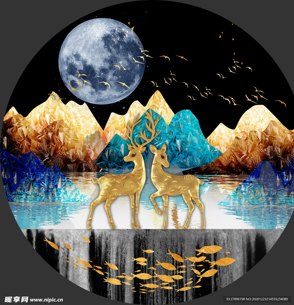 金色麋鹿山水圆形装饰画