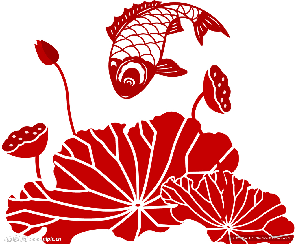 红色喜庆鲤鱼荷花元素