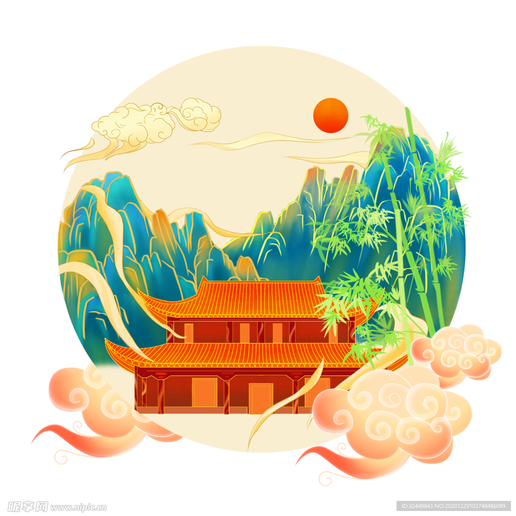 山 祥云 竹子 房 旭日