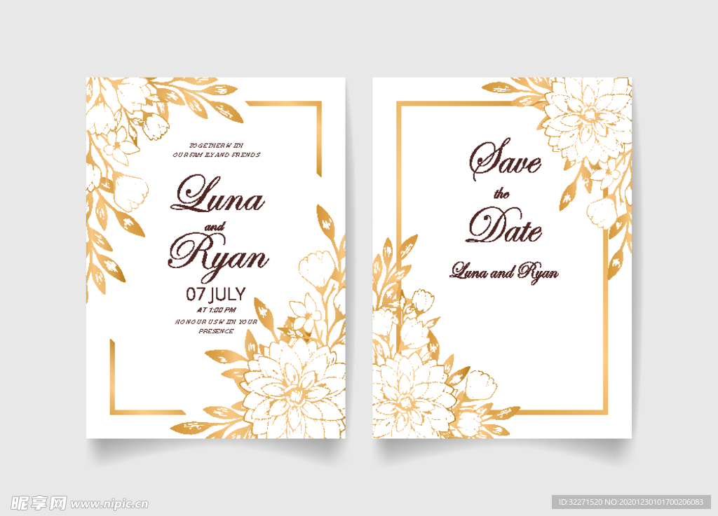 北欧风格烫金花朵卡片矢量