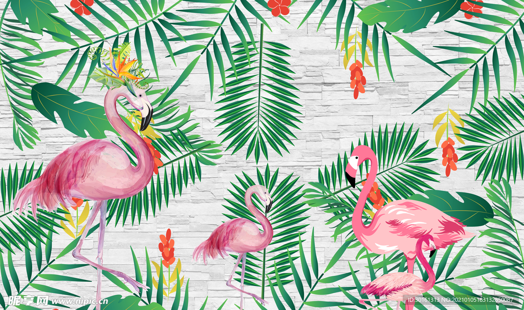 北欧火烈鸟芭蕉叶背景