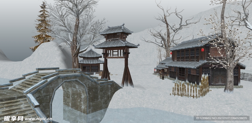 乡村农家院雪景效果图设计