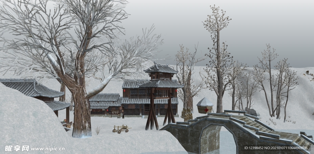 乡村农家院雪景效果图设计